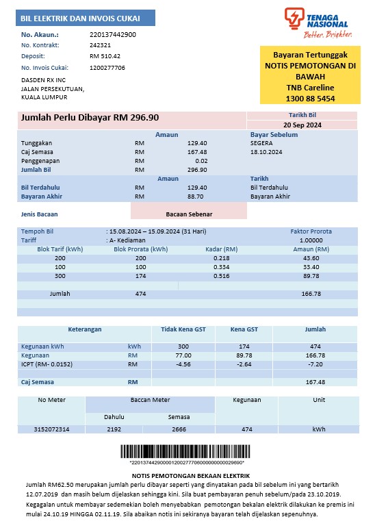 Malaysia Tenaga Nasional electricity business utility bill template in Word and PDF formats